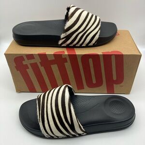 NWT FitFlop Zebra Print Hair-on Leather Slides Size 37/6